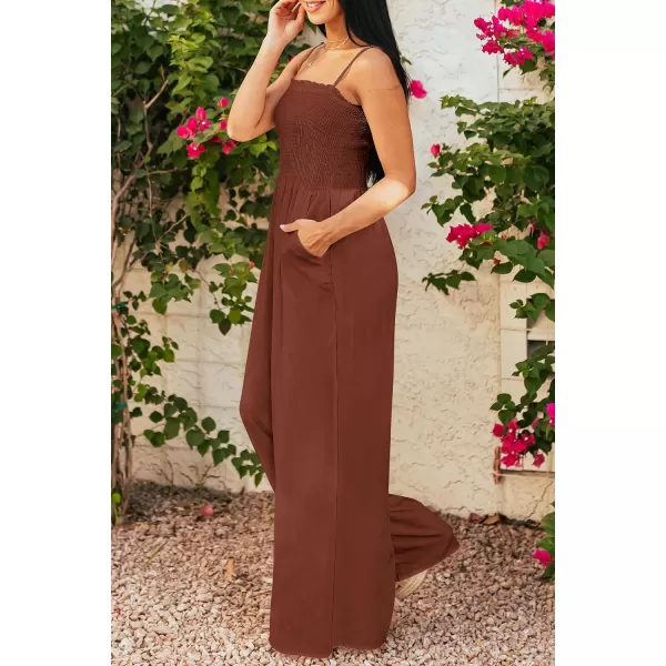 imagePRETTYGARDEN Womens Summer Jumpsuits Dressy Casual One Piece Outfits Linen Smocked Spaghetti Strap Pockets Wide Leg RompersDark Brown