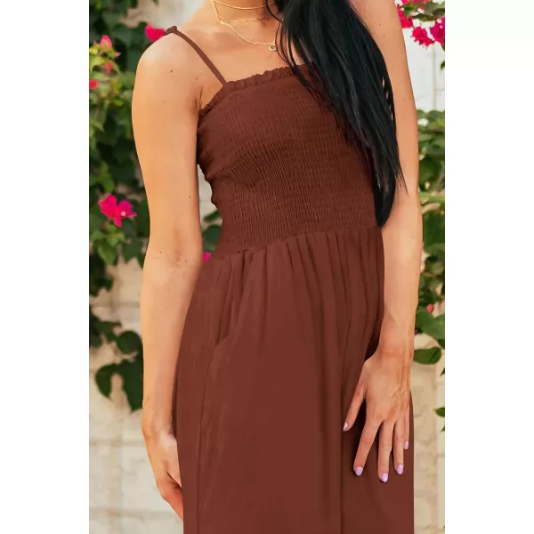 imagePRETTYGARDEN Womens Summer Jumpsuits Dressy Casual One Piece Outfits Linen Smocked Spaghetti Strap Pockets Wide Leg RompersDark Brown