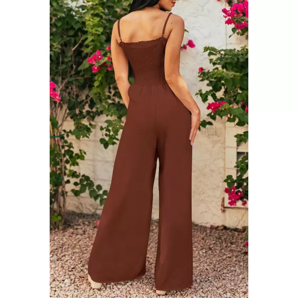 imagePRETTYGARDEN Womens Summer Jumpsuits Dressy Casual One Piece Outfits Linen Smocked Spaghetti Strap Pockets Wide Leg RompersDark Brown