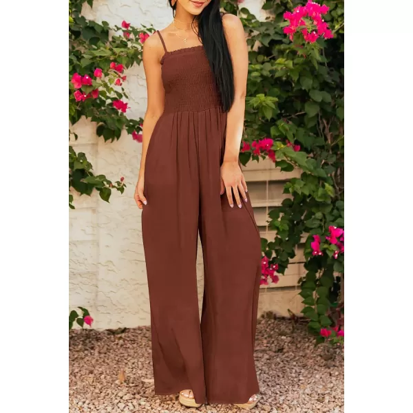 imagePRETTYGARDEN Womens Summer Jumpsuits Dressy Casual One Piece Outfits Linen Smocked Spaghetti Strap Pockets Wide Leg RompersDark Brown