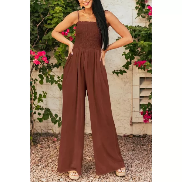 imagePRETTYGARDEN Womens Summer Jumpsuits Dressy Casual One Piece Outfits Linen Smocked Spaghetti Strap Pockets Wide Leg RompersDark Brown