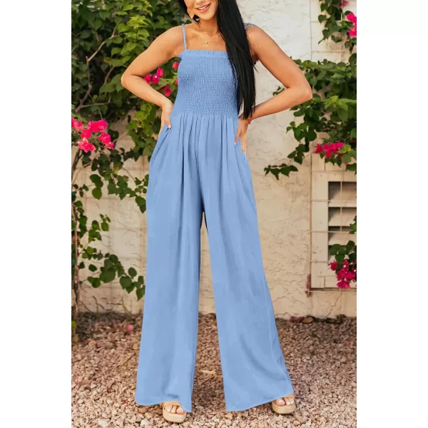 imagePRETTYGARDEN Womens Summer Jumpsuits Dressy Casual One Piece Outfits Linen Smocked Spaghetti Strap Pockets Wide Leg RompersLight Blue