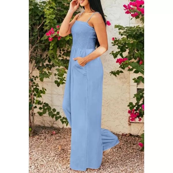 imagePRETTYGARDEN Womens Summer Jumpsuits Dressy Casual One Piece Outfits Linen Smocked Spaghetti Strap Pockets Wide Leg RompersLight Blue