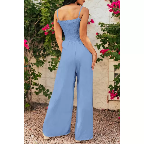 imagePRETTYGARDEN Womens Summer Jumpsuits Dressy Casual One Piece Outfits Linen Smocked Spaghetti Strap Pockets Wide Leg RompersLight Blue