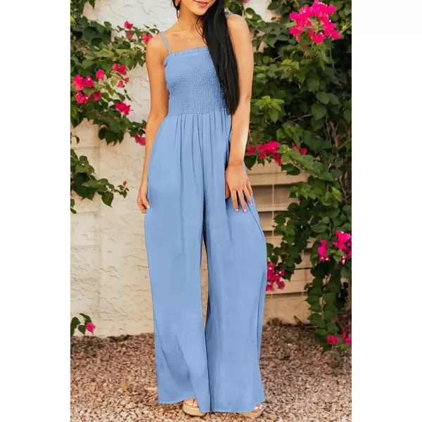 imagePRETTYGARDEN Womens Summer Jumpsuits Dressy Casual One Piece Outfits Linen Smocked Spaghetti Strap Pockets Wide Leg RompersLight Blue