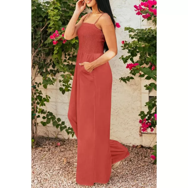 imagePRETTYGARDEN Womens Summer Jumpsuits Dressy Casual One Piece Outfits Linen Smocked Spaghetti Strap Pockets Wide Leg RompersOrange Red