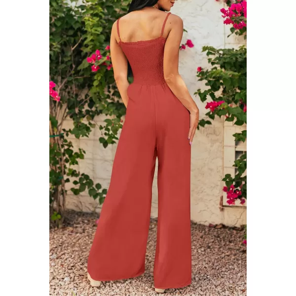 imagePRETTYGARDEN Womens Summer Jumpsuits Dressy Casual One Piece Outfits Linen Smocked Spaghetti Strap Pockets Wide Leg RompersOrange Red