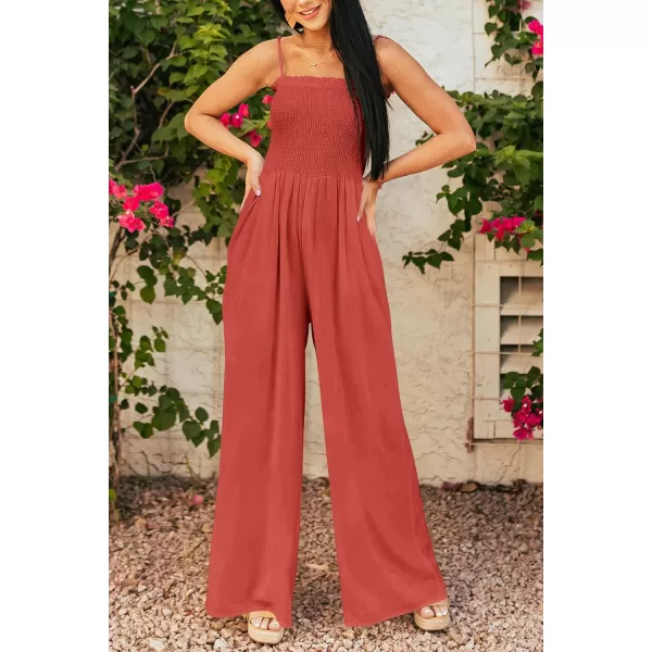 imagePRETTYGARDEN Womens Summer Jumpsuits Dressy Casual One Piece Outfits Linen Smocked Spaghetti Strap Pockets Wide Leg RompersOrange Red