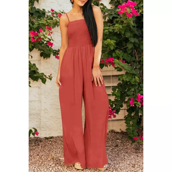 imagePRETTYGARDEN Womens Summer Jumpsuits Dressy Casual One Piece Outfits Linen Smocked Spaghetti Strap Pockets Wide Leg RompersOrange Red