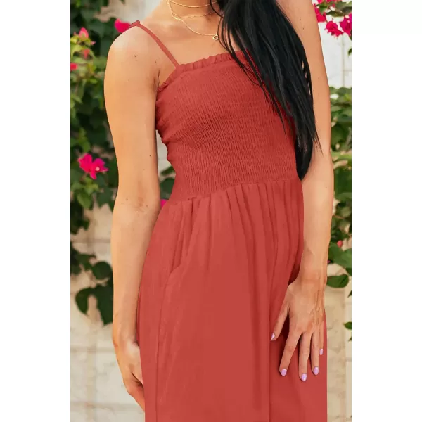 imagePRETTYGARDEN Womens Summer Jumpsuits Dressy Casual One Piece Outfits Linen Smocked Spaghetti Strap Pockets Wide Leg RompersOrange Red