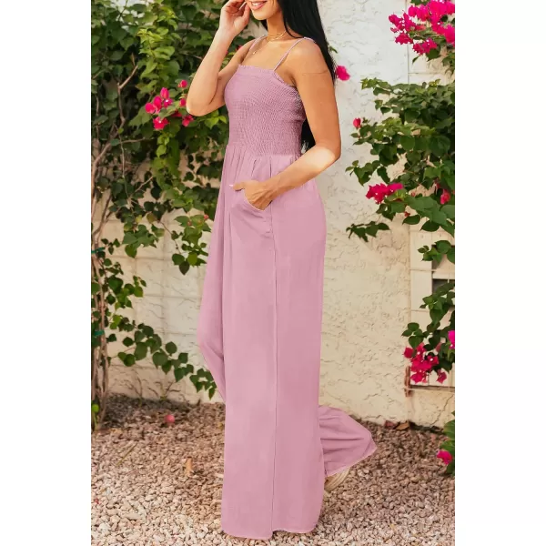 imagePRETTYGARDEN Womens Summer Jumpsuits Dressy Casual One Piece Outfits Linen Smocked Spaghetti Strap Pockets Wide Leg RompersPink