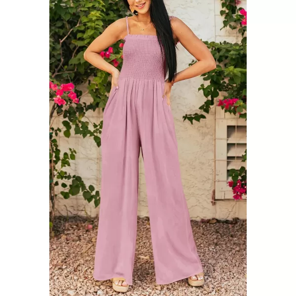 imagePRETTYGARDEN Womens Summer Jumpsuits Dressy Casual One Piece Outfits Linen Smocked Spaghetti Strap Pockets Wide Leg RompersPink