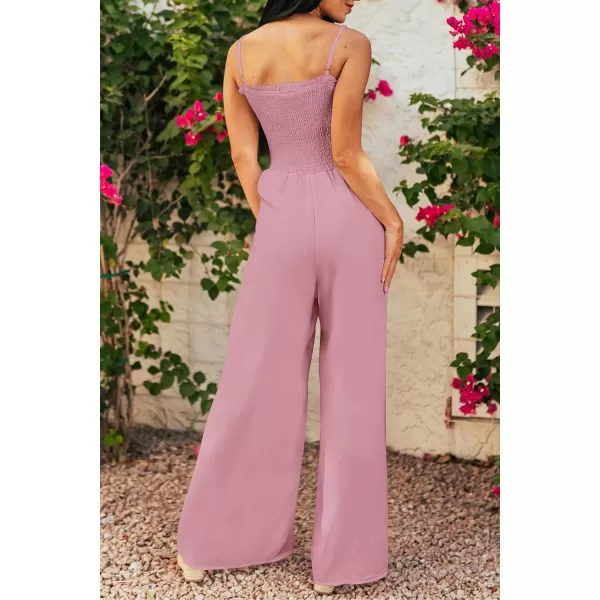 imagePRETTYGARDEN Womens Summer Jumpsuits Dressy Casual One Piece Outfits Linen Smocked Spaghetti Strap Pockets Wide Leg RompersPink