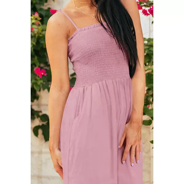 imagePRETTYGARDEN Womens Summer Jumpsuits Dressy Casual One Piece Outfits Linen Smocked Spaghetti Strap Pockets Wide Leg RompersPink