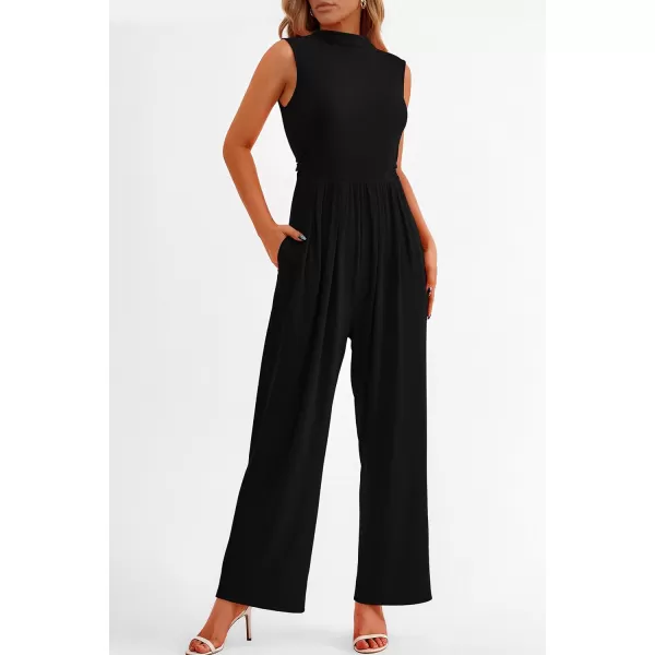 imagePRETTYGARDEN Womens Summer Jumpsuits Dressy Casual One Piece Outfits Sleeveless Mock Neck Wide Leg Pants Rompers with PocketsBlack