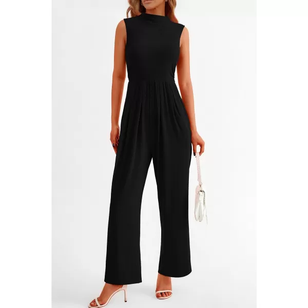 imagePRETTYGARDEN Womens Summer Jumpsuits Dressy Casual One Piece Outfits Sleeveless Mock Neck Wide Leg Pants Rompers with PocketsBlack