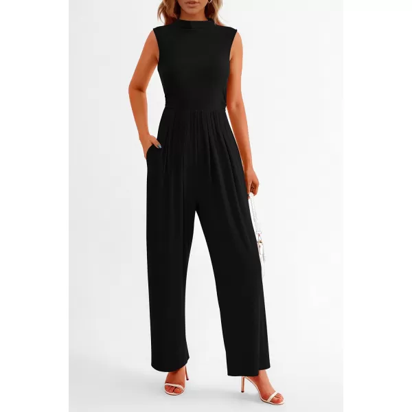 imagePRETTYGARDEN Womens Summer Jumpsuits Dressy Casual One Piece Outfits Sleeveless Mock Neck Wide Leg Pants Rompers with PocketsBlack