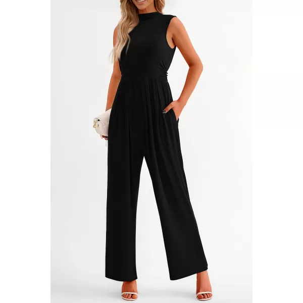 imagePRETTYGARDEN Womens Summer Jumpsuits Dressy Casual One Piece Outfits Sleeveless Mock Neck Wide Leg Pants Rompers with PocketsBlack