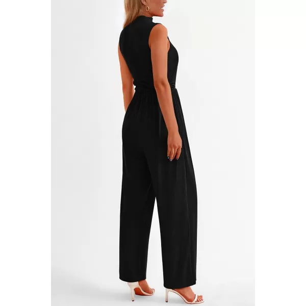 imagePRETTYGARDEN Womens Summer Jumpsuits Dressy Casual One Piece Outfits Sleeveless Mock Neck Wide Leg Pants Rompers with PocketsBlack