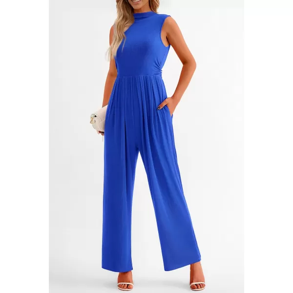 imagePRETTYGARDEN Womens Summer Jumpsuits Dressy Casual One Piece Outfits Sleeveless Mock Neck Wide Leg Pants Rompers with PocketsBlue