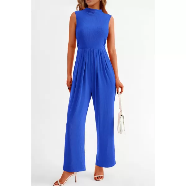 imagePRETTYGARDEN Womens Summer Jumpsuits Dressy Casual One Piece Outfits Sleeveless Mock Neck Wide Leg Pants Rompers with PocketsBlue