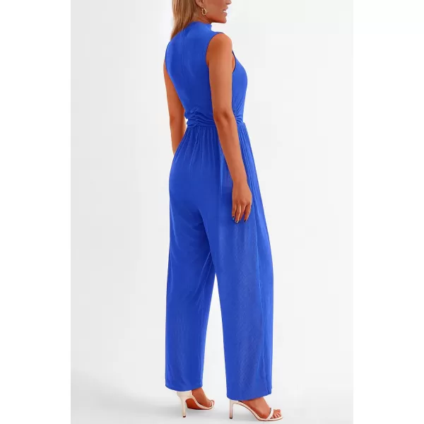 imagePRETTYGARDEN Womens Summer Jumpsuits Dressy Casual One Piece Outfits Sleeveless Mock Neck Wide Leg Pants Rompers with PocketsBlue