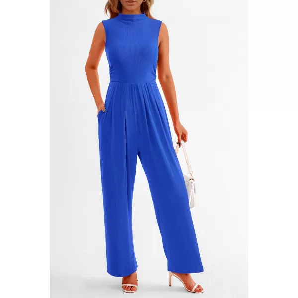 imagePRETTYGARDEN Womens Summer Jumpsuits Dressy Casual One Piece Outfits Sleeveless Mock Neck Wide Leg Pants Rompers with PocketsBlue
