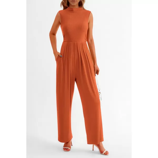 imagePRETTYGARDEN Womens Summer Jumpsuits Dressy Casual One Piece Outfits Sleeveless Mock Neck Wide Leg Pants Rompers with PocketsBrick Red