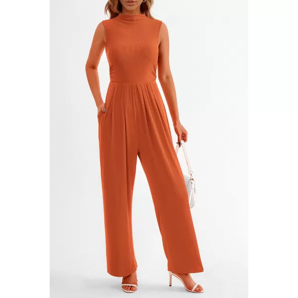 imagePRETTYGARDEN Womens Summer Jumpsuits Dressy Casual One Piece Outfits Sleeveless Mock Neck Wide Leg Pants Rompers with PocketsBrick Red