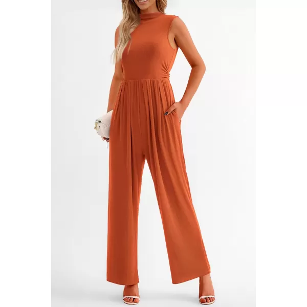 imagePRETTYGARDEN Womens Summer Jumpsuits Dressy Casual One Piece Outfits Sleeveless Mock Neck Wide Leg Pants Rompers with PocketsBrick Red