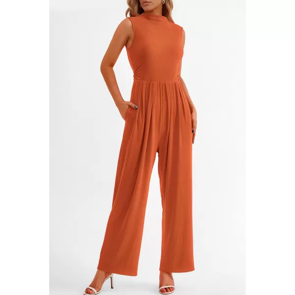 imagePRETTYGARDEN Womens Summer Jumpsuits Dressy Casual One Piece Outfits Sleeveless Mock Neck Wide Leg Pants Rompers with PocketsBrick Red