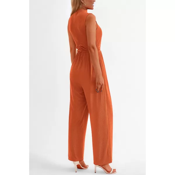 imagePRETTYGARDEN Womens Summer Jumpsuits Dressy Casual One Piece Outfits Sleeveless Mock Neck Wide Leg Pants Rompers with PocketsBrick Red
