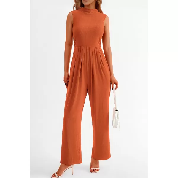 imagePRETTYGARDEN Womens Summer Jumpsuits Dressy Casual One Piece Outfits Sleeveless Mock Neck Wide Leg Pants Rompers with PocketsBrick Red