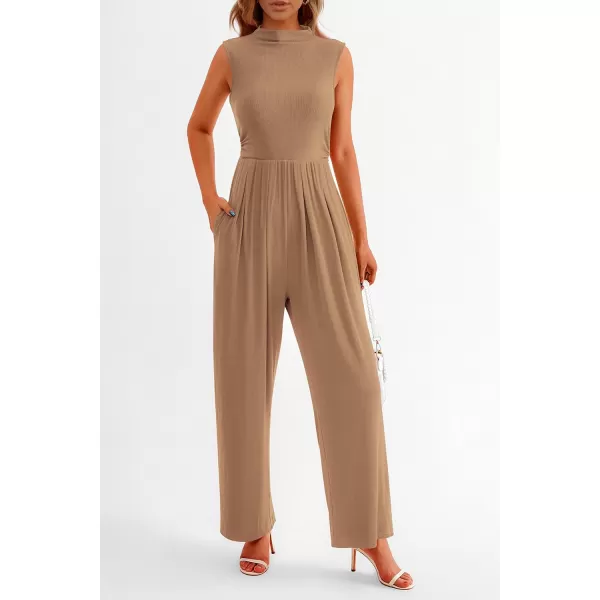 imagePRETTYGARDEN Womens Summer Jumpsuits Dressy Casual One Piece Outfits Sleeveless Mock Neck Wide Leg Pants Rompers with PocketsCamel