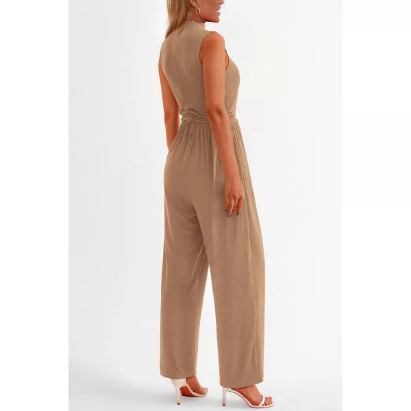 imagePRETTYGARDEN Womens Summer Jumpsuits Dressy Casual One Piece Outfits Sleeveless Mock Neck Wide Leg Pants Rompers with PocketsCamel