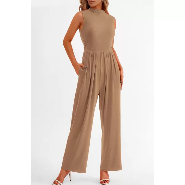 imagePRETTYGARDEN Womens Summer Jumpsuits Dressy Casual One Piece Outfits Sleeveless Mock Neck Wide Leg Pants Rompers with PocketsCamel