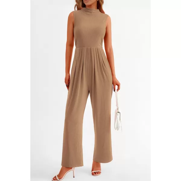 imagePRETTYGARDEN Womens Summer Jumpsuits Dressy Casual One Piece Outfits Sleeveless Mock Neck Wide Leg Pants Rompers with PocketsCamel