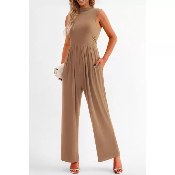 imagePRETTYGARDEN Womens Summer Jumpsuits Dressy Casual One Piece Outfits Sleeveless Mock Neck Wide Leg Pants Rompers with PocketsCamel