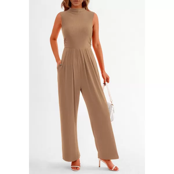 imagePRETTYGARDEN Womens Summer Jumpsuits Dressy Casual One Piece Outfits Sleeveless Mock Neck Wide Leg Pants Rompers with PocketsCamel