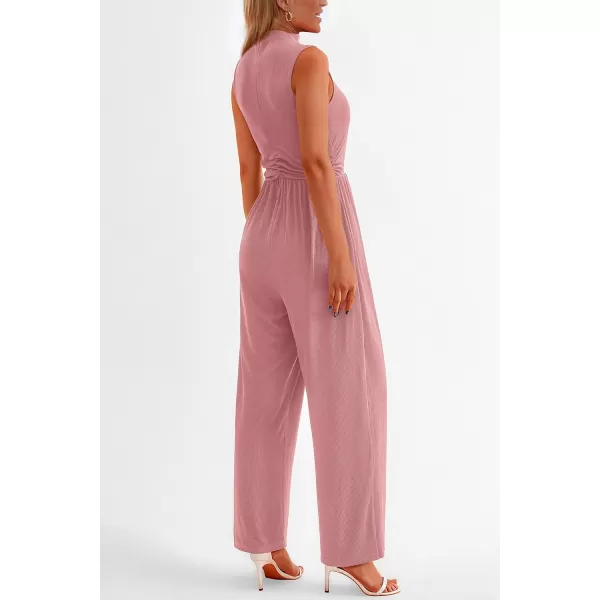 imagePRETTYGARDEN Womens Summer Jumpsuits Dressy Casual One Piece Outfits Sleeveless Mock Neck Wide Leg Pants Rompers with PocketsDusty Pink