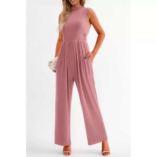 imagePRETTYGARDEN Womens Summer Jumpsuits Dressy Casual One Piece Outfits Sleeveless Mock Neck Wide Leg Pants Rompers with PocketsDusty Pink