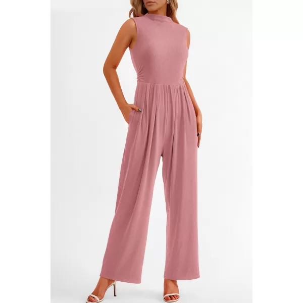 imagePRETTYGARDEN Womens Summer Jumpsuits Dressy Casual One Piece Outfits Sleeveless Mock Neck Wide Leg Pants Rompers with PocketsDusty Pink