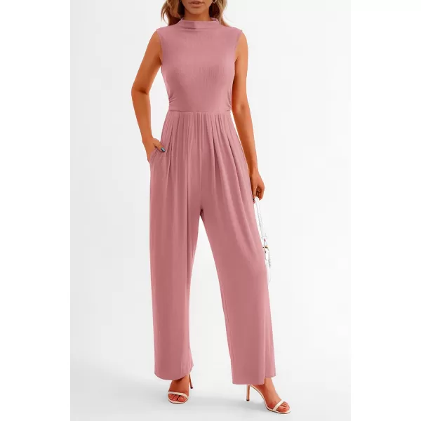 imagePRETTYGARDEN Womens Summer Jumpsuits Dressy Casual One Piece Outfits Sleeveless Mock Neck Wide Leg Pants Rompers with PocketsDusty Pink