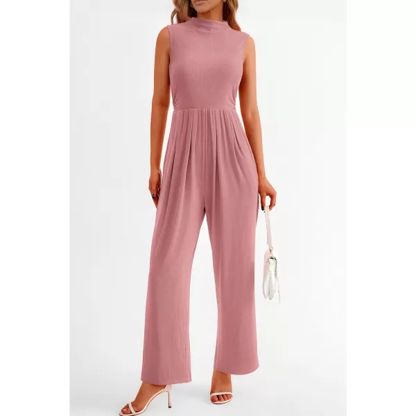 imagePRETTYGARDEN Womens Summer Jumpsuits Dressy Casual One Piece Outfits Sleeveless Mock Neck Wide Leg Pants Rompers with PocketsDusty Pink