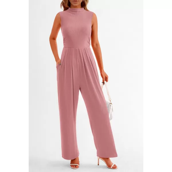 imagePRETTYGARDEN Womens Summer Jumpsuits Dressy Casual One Piece Outfits Sleeveless Mock Neck Wide Leg Pants Rompers with PocketsDusty Pink