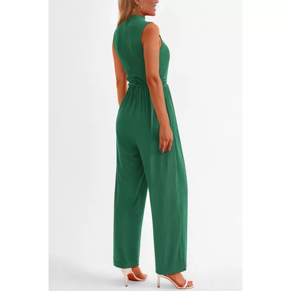 imagePRETTYGARDEN Womens Summer Jumpsuits Dressy Casual One Piece Outfits Sleeveless Mock Neck Wide Leg Pants Rompers with PocketsGreen