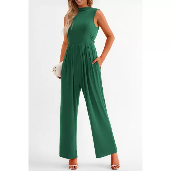 imagePRETTYGARDEN Womens Summer Jumpsuits Dressy Casual One Piece Outfits Sleeveless Mock Neck Wide Leg Pants Rompers with PocketsGreen