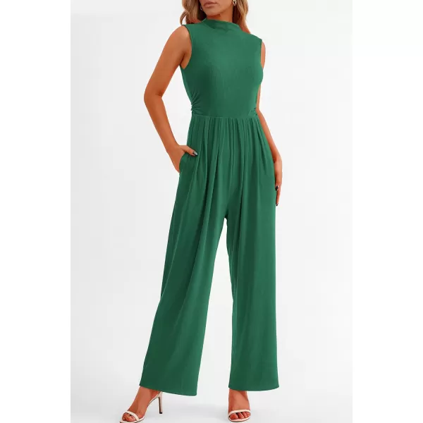 imagePRETTYGARDEN Womens Summer Jumpsuits Dressy Casual One Piece Outfits Sleeveless Mock Neck Wide Leg Pants Rompers with PocketsGreen