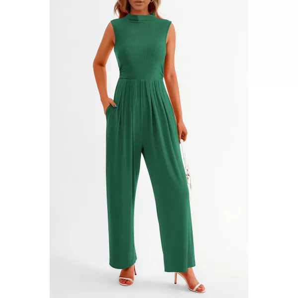 imagePRETTYGARDEN Womens Summer Jumpsuits Dressy Casual One Piece Outfits Sleeveless Mock Neck Wide Leg Pants Rompers with PocketsGreen