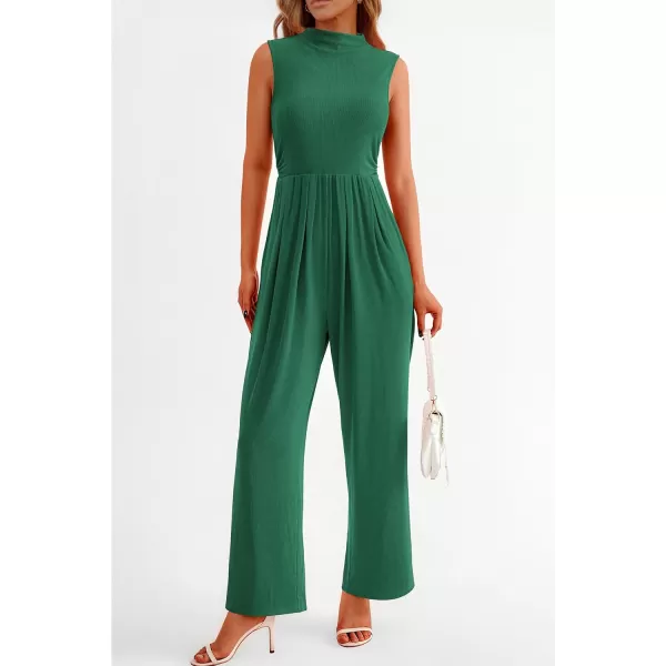 imagePRETTYGARDEN Womens Summer Jumpsuits Dressy Casual One Piece Outfits Sleeveless Mock Neck Wide Leg Pants Rompers with PocketsGreen